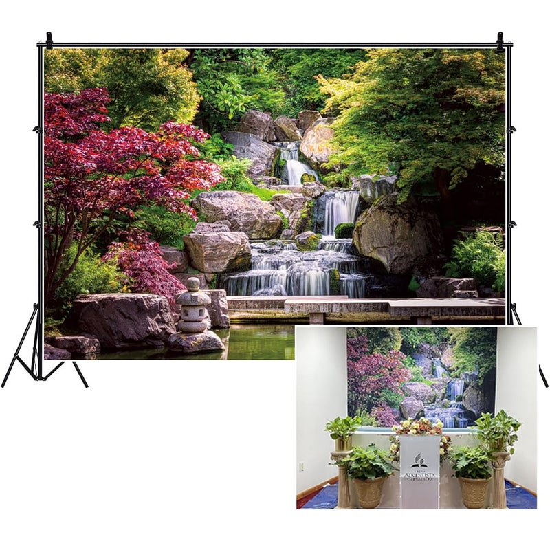 DORCEV 6x4ft Japan Garden Landscape Backdrop Retro Style Park View Photography Background Waterfall Maple Trees Bridge Kyoto Garden Travel Children Adult Portrait Photo Studio Props Wallpaper - Image 1
